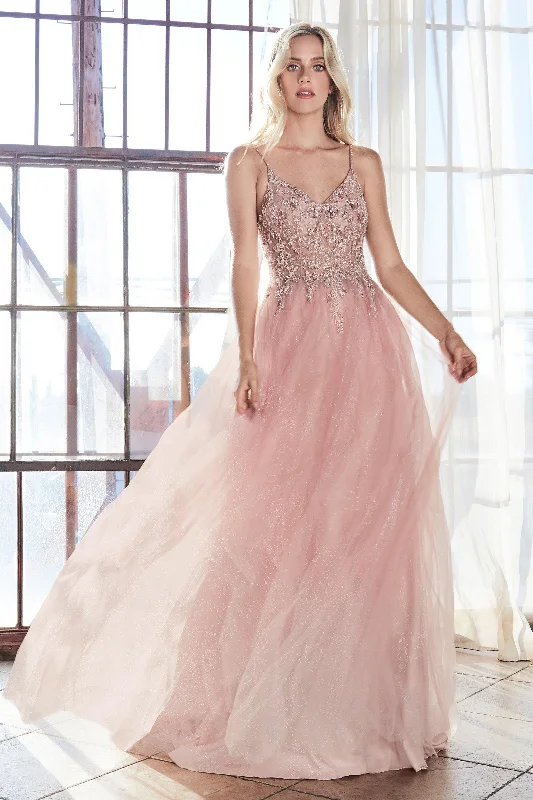Lavish Red Gown Cinderella Divine AM321 Long Spaghetti Strap Beaded Evening Prom Dress