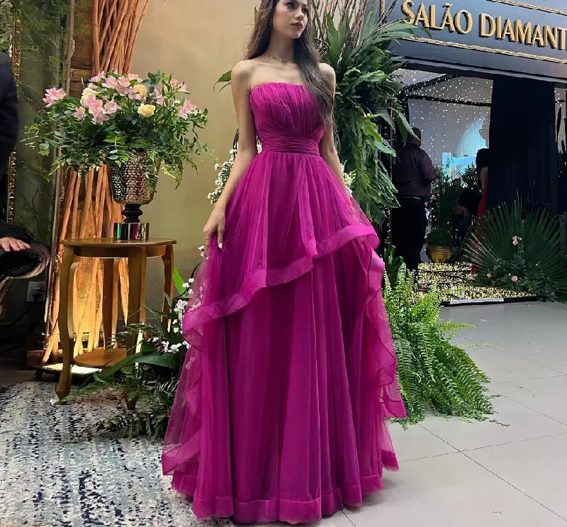 Garden Party Gown A Line Tulle Fuchsia Prom Dresses Strapless Ruffles Women Evening Party Gowns Customized Pleat Formal Bridesmaid Wear
