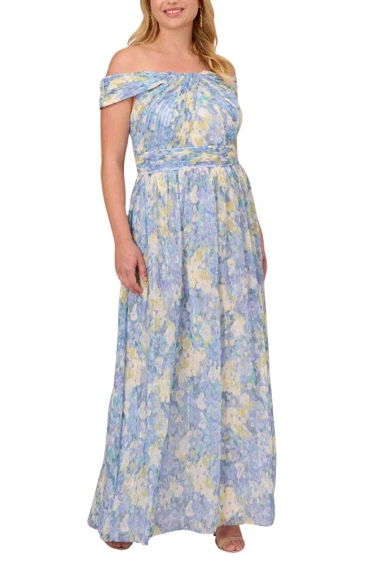 Eye-Catching Satin Gown Adrianna Papell AP1E210484 W - Printed Off Shoulder Evening Dress