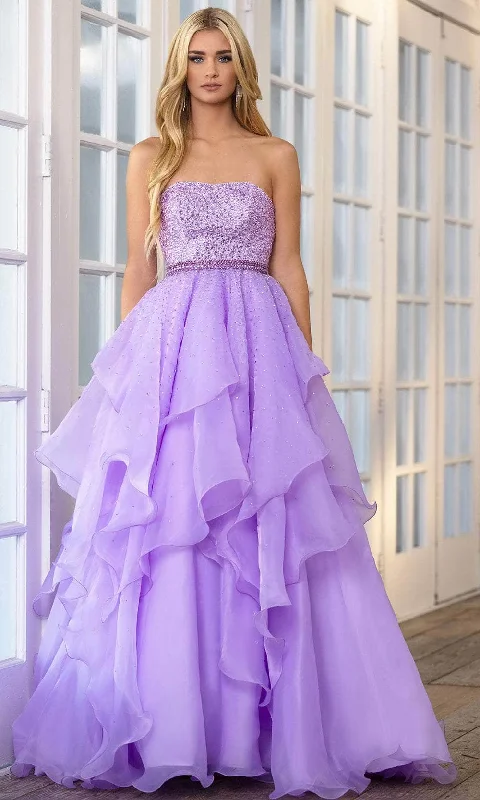 Satin Draped Gown Ava Presley 39561 - Strapless Embellished Ruffled Ballgown