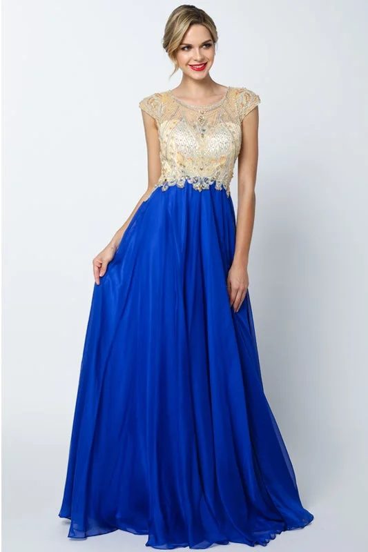 Romantic Evening Gown Beaded Long Cap Sleeve Dress by Juliet 636