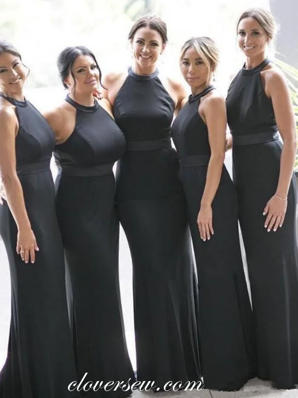 Statement Sleeve Dress Black Halter Sheath Long Bridesmaid Dresses, CB0183