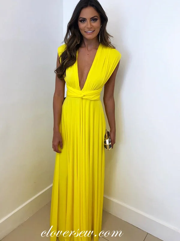 Puffy Sleeve Dress Bright Yellow Jersey V-neck A-line Bridesmaid Dresses, CB0195
