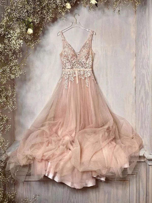 Timeless Gown CHAMPAGNE V NECK TULLE LACE LONG PROM DRESS, A LINE BRIDESMAID DRESS,F04746 Timeless Gown CHAMPAGNE V NECK TULLE LACE LONG PROM DRESS, A LINE BRIDESMAID DRESS,F04746