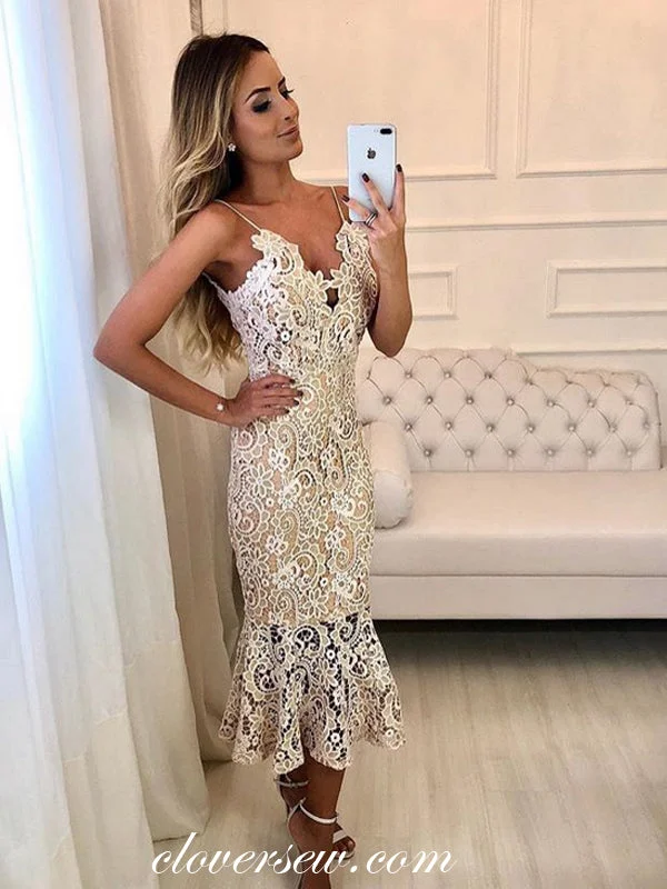 Glittering Evening Gown Charming Lace Spaghetti Strap Sheath Tea Length Bridesmaid Dresses, CB0196 Glittering Evening Gown Charming Lace Spaghetti Strap Sheath Tea Length Bridesmaid Dresses, CB0196