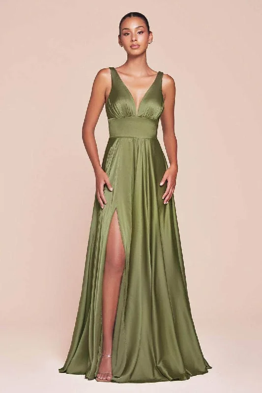 Fitted Formal Dress Cinderella Divine - 7469 Satin V-Neck A-Line Dress with Slit