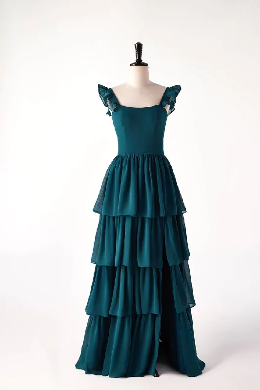 Romantic Evening Gown Dark Teal Ruffle Long Party Dress Bridesmaid Dress,DP1818