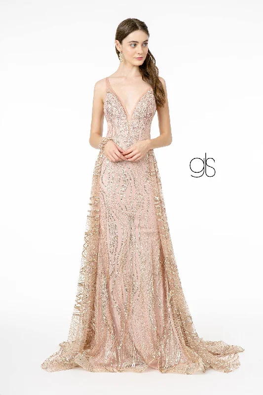 Satin Draped Gown Glitter Sequin Mesh A-Line Prom Dress