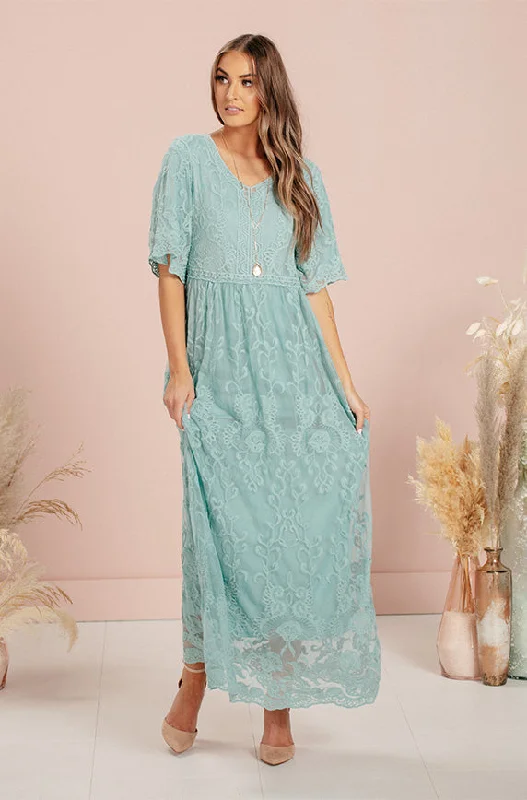 Figure-Flattering Gown Aspen Blue Grass Lace Dress - DM Exclusive- Maternity Friendly - FINAL SALE - FINAL FEW Figure-Flattering Gown Aspen Blue Grass Lace Dress - DM Exclusive- Maternity Friendly - FINAL SALE - FINAL FEW