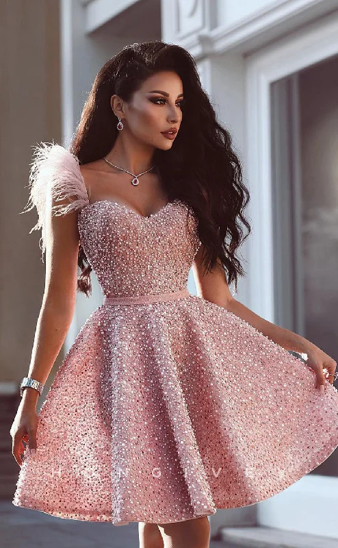 Floral Embroidery Dress H1602 - Pink Feathered Embellished Fully Beaded Homecoming Party Dress Floral Embroidery Dress H1602 - Pink Feathered Embellished Fully Beaded Homecoming Party Dress