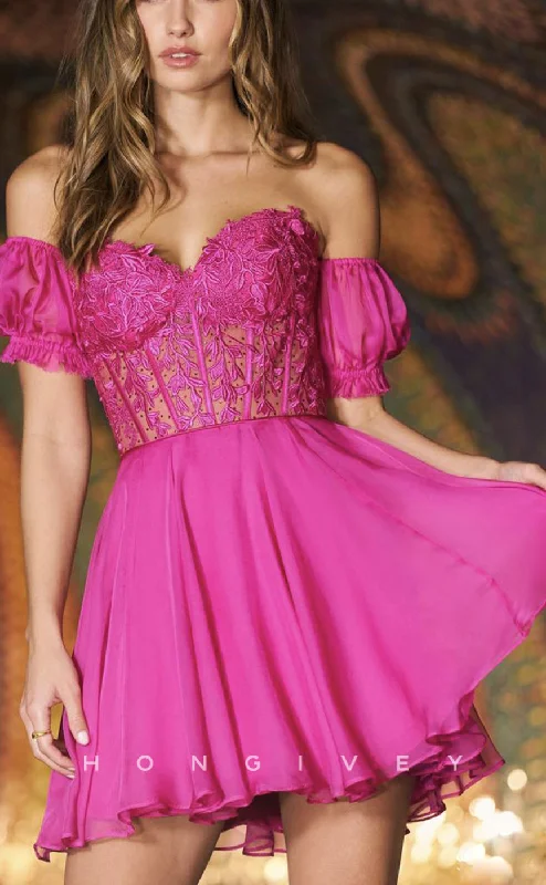 Timeless Satin Dress H1621 - Floral Appliqued Illusion lace-Up Back Homecoming Party Dress