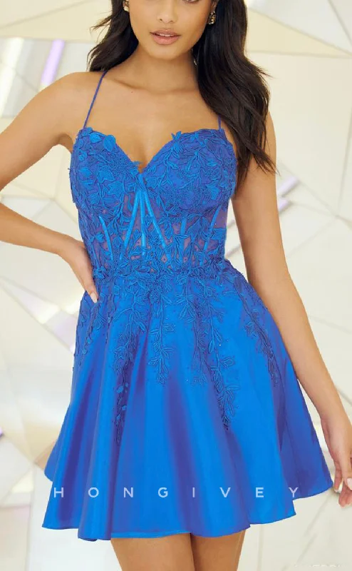 Metallic Formal Dress H1622 - Foliage Floral Appliqued Illusion lace-Up Back Homecoming Party Dress