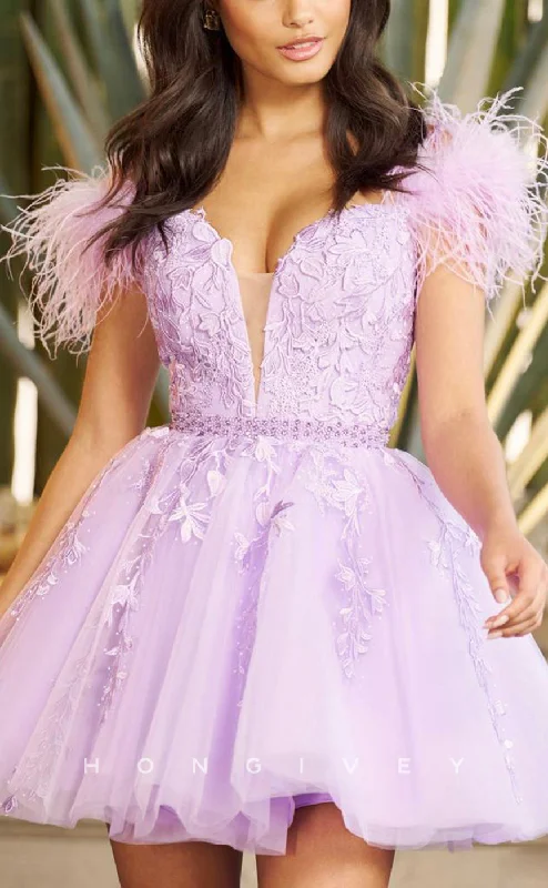 Lavish Evening Gown H1623 - Floral Appliqued Plunging Illusion Feathered Homecoming Graduation Dress Lavish Evening Gown H1623 - Floral Appliqued Plunging Illusion Feathered Homecoming Graduation Dress