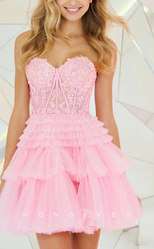 Glittering Evening Gown H1627 - Sweet Lace Applique Strapless Sheer Short Party Homecoming Dress Glittering Evening Gown H1627 - Sweet Lace Applique Strapless Sheer Short Party Homecoming Dress