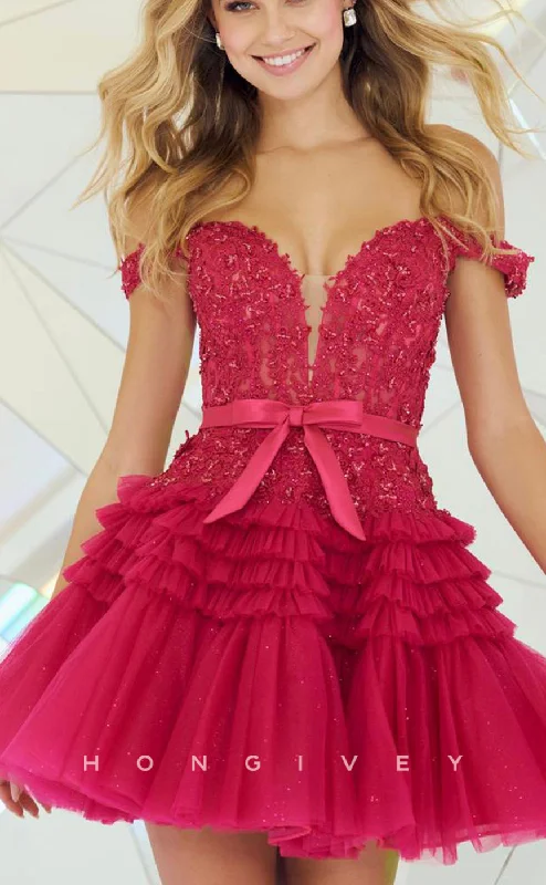 Regal Ball Gown H1630 - Sweet Lace Applique With Bow Detail Plunging Illusion Short Homecoming Party Graduation Dress Regal Ball Gown H1630 - Sweet Lace Applique With Bow Detail Plunging Illusion Short Homecoming Party Graduation Dress