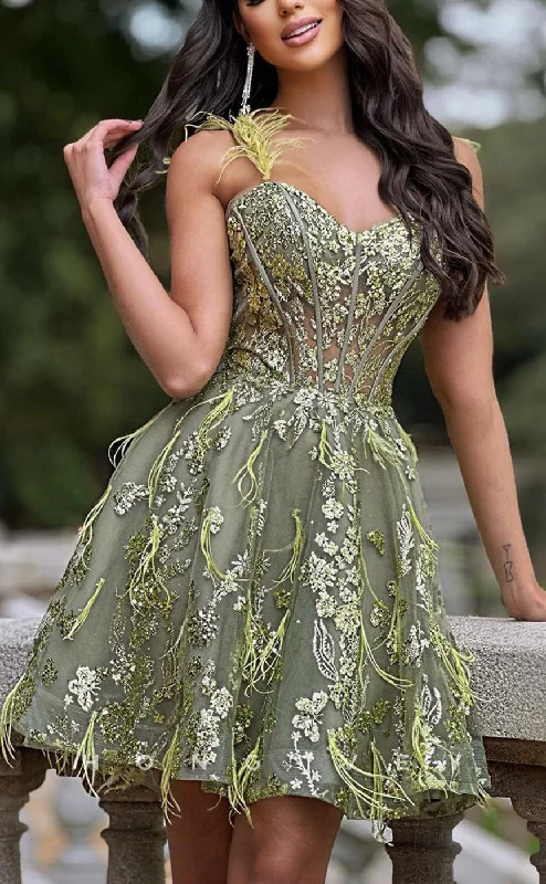 Chic Formal Gown H1642 - Illusion Fully Lace Applique Feathered Short Homecoming Party Cocktail Dress Chic Formal Gown H1642 - Illusion Fully Lace Applique Feathered Short Homecoming Party Cocktail Dress