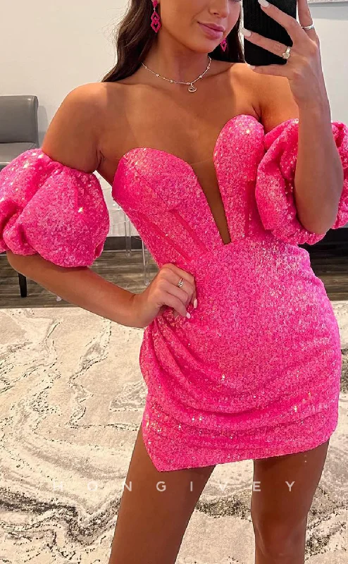 Ethereal Formal Gown H1671 - Sheer Fully Sequined Bell Sleeved Plunging Illusion Short Party Homecoming Graduation Dress Ethereal Formal Gown H1671 - Sheer Fully Sequined Bell Sleeved Plunging Illusion Short Party Homecoming Graduation Dress
