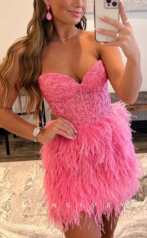Floral Beaded Gown H1681 - Sweet Illusion Feathered Lace Applique Strapless Short Homecoming Graduation Party Dress Floral Beaded Gown H1681 - Sweet Illusion Feathered Lace Applique Strapless Short Homecoming Graduation Party Dress