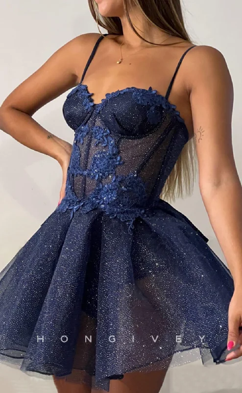 Navy Blue Gown H1705 - Sparkly Lace Applique Illusion Strappy Short Homecoming Graduation Party Dress Navy Blue Gown H1705 - Sparkly Lace Applique Illusion Strappy Short Homecoming Graduation Party Dress