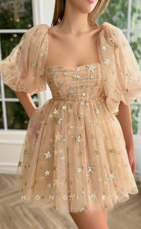 Dreamy Wedding Gown H1717 - Sheer Fully Star Shape Glitter Print Puff Sleeves Short Graduation Party Homecoming Dress Dreamy Wedding Gown H1717 - Sheer Fully Star Shape Glitter Print Puff Sleeves Short Graduation Party Homecoming Dress