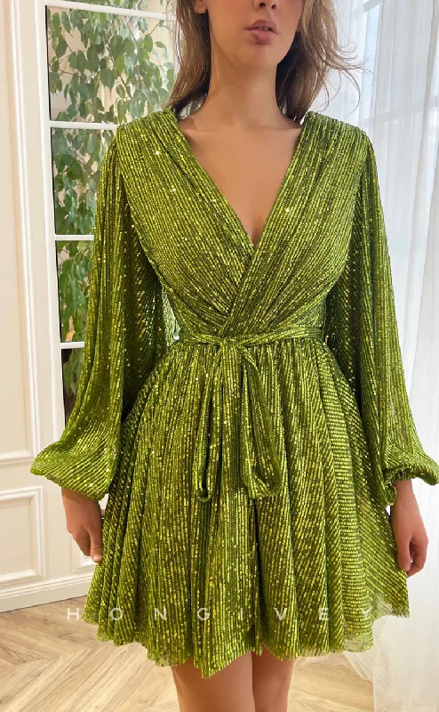 Winter Ball Gown H1719 - Sheer Fully Sequined V-Neck Long Sleeves Belt Short Graduation Party Homecoming Dress Winter Ball Gown H1719 - Sheer Fully Sequined V-Neck Long Sleeves Belt Short Graduation Party Homecoming Dress