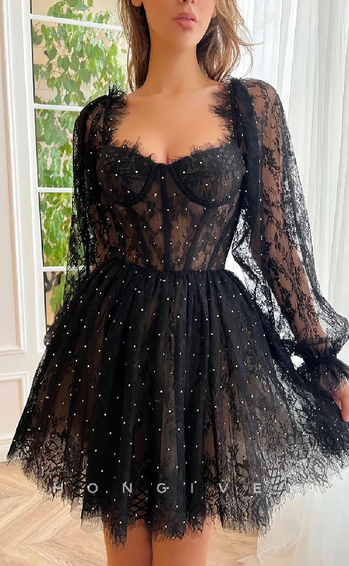 Bold Print Formal Dress H1721 - Illusion Fully Lace Rhinestone Long Sleeves Strappy Short Graduation Party Homecoming Dress Bold Print Formal Dress H1721 - Illusion Fully Lace Rhinestone Long Sleeves Strappy Short Graduation Party Homecoming Dress