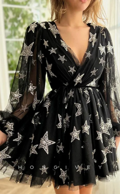 Artistic Embroidered Dress H1723 - Illusion Star Shape Rhinestone Applique Short Party Homecoming Graduation Dress Artistic Embroidered Dress H1723 - Illusion Star Shape Rhinestone Applique Short Party Homecoming Graduation Dress