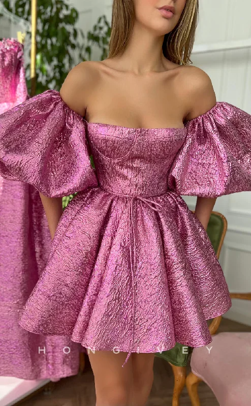 Rhinestone Embellished Dress H1725 - Sweet Shiny Puff Sleeves Belt Short Graduation Party Homecoming Dress Rhinestone Embellished Dress H1725 - Sweet Shiny Puff Sleeves Belt Short Graduation Party Homecoming Dress