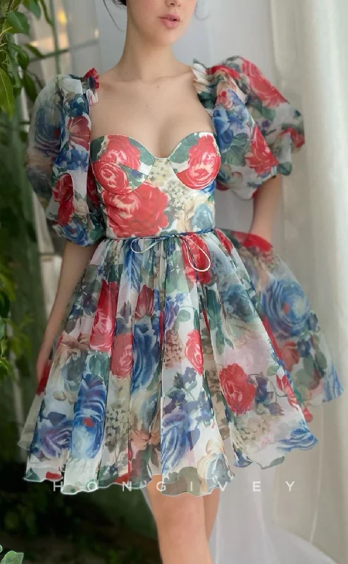 Perfect Prom Dress H1728 - Sweet Floral Pattern Lace-Up Puff Sleeves Short Graduation Homecoming Party Dress Perfect Prom Dress H1728 - Sweet Floral Pattern Lace-Up Puff Sleeves Short Graduation Homecoming Party Dress