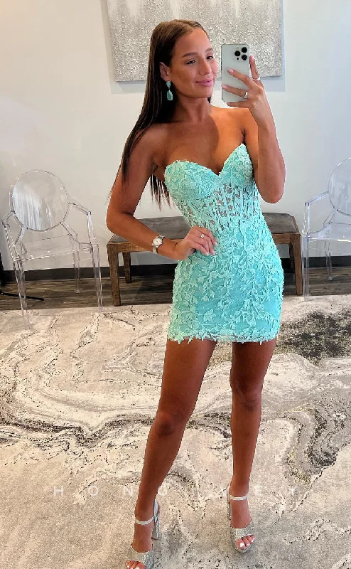 Stunning Silk Gown H1735 - Illusion Strapless Fully Lace Short Party Homecoming Graduation Dress Stunning Silk Gown H1735 - Illusion Strapless Fully Lace Short Party Homecoming Graduation Dress