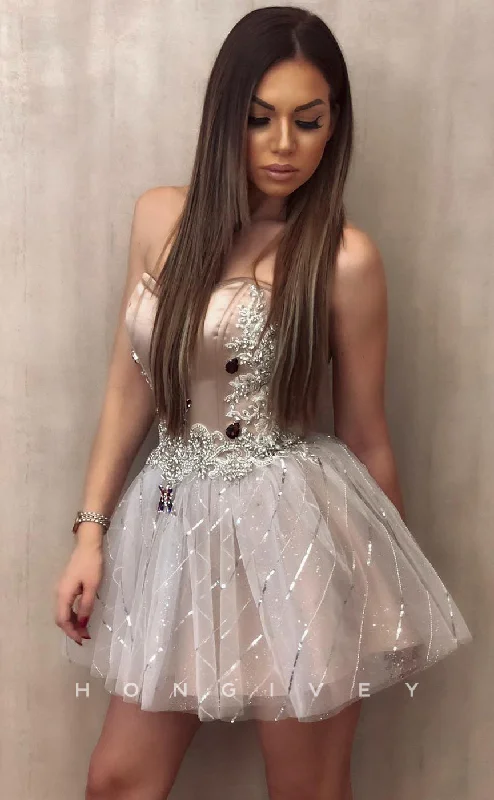 Structured Evening Gown H1754 - Crystal Sequined Beaded Illusion Strapless Short Party Homecoming Graduation Dress Structured Evening Gown H1754 - Crystal Sequined Beaded Illusion Strapless Short Party Homecoming Graduation Dress