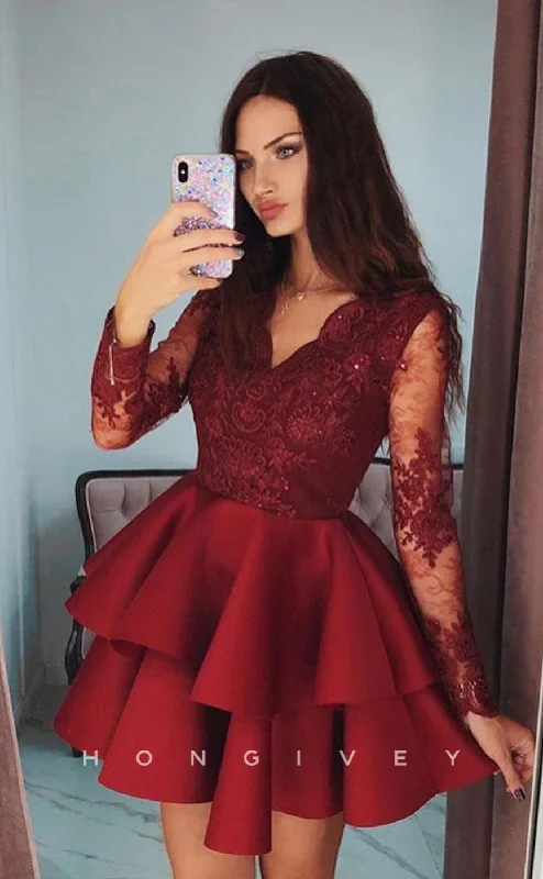 Striking Red Gown H1757 - Illusion Floral Lace Embroidered Cake Short Party Homecoming Graduation Dress Striking Red Gown H1757 - Illusion Floral Lace Embroidered Cake Short Party Homecoming Graduation Dress