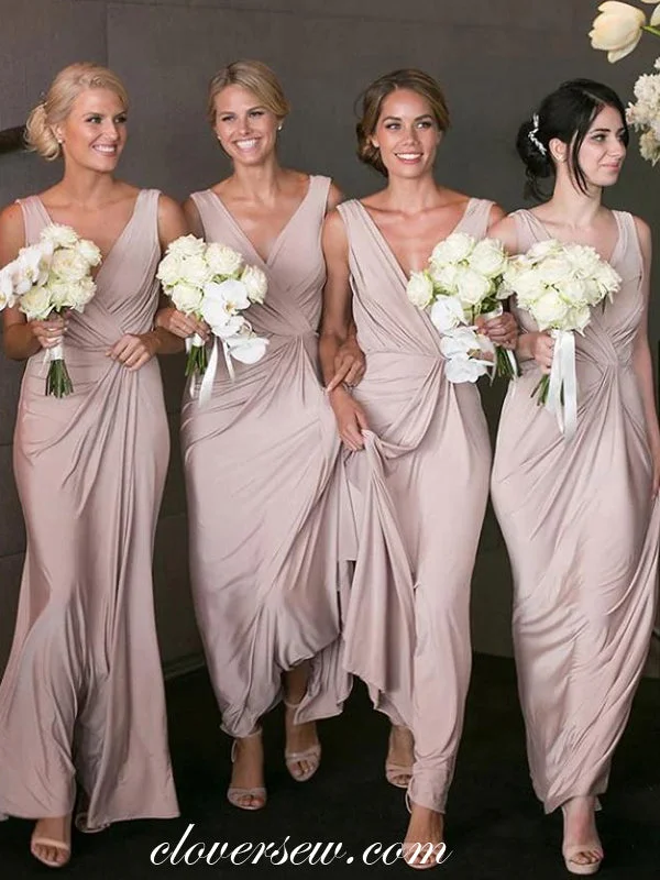 Rhinestone Embellished Dress Dusty Pink Elastic Satin V-neck Sheath Long Bridesmaid Dresses ,CB0157 Rhinestone Embellished Dress Dusty Pink Elastic Satin V-neck Sheath Long Bridesmaid Dresses ,CB0157