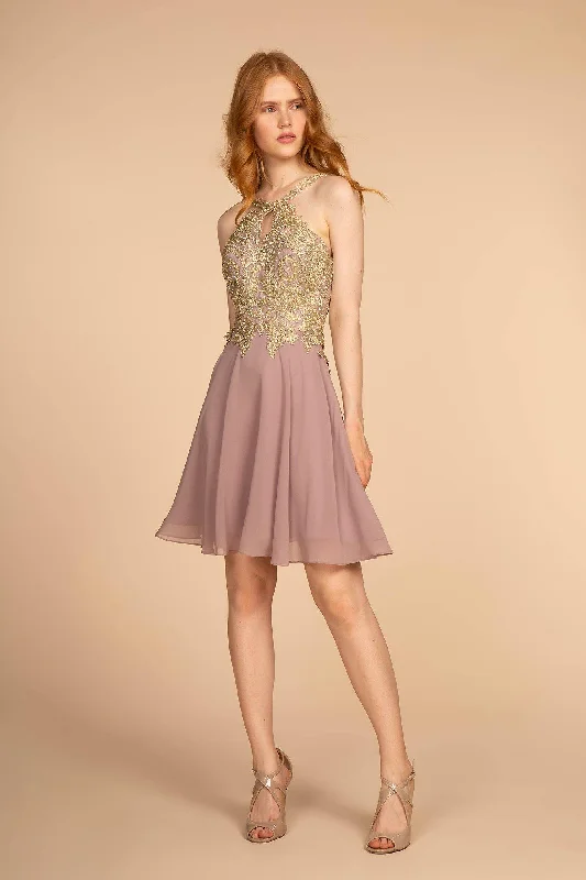 Floor-Length Satin Dress Embroidered Bodice Chiffon Short Dress
