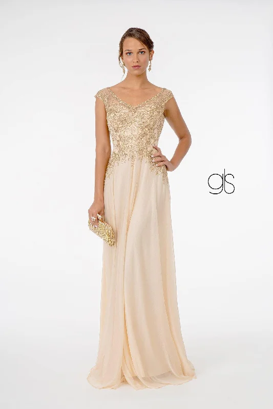 Trendy Evening Gown Embroidered Bodice V-Neck Long Formal Dress