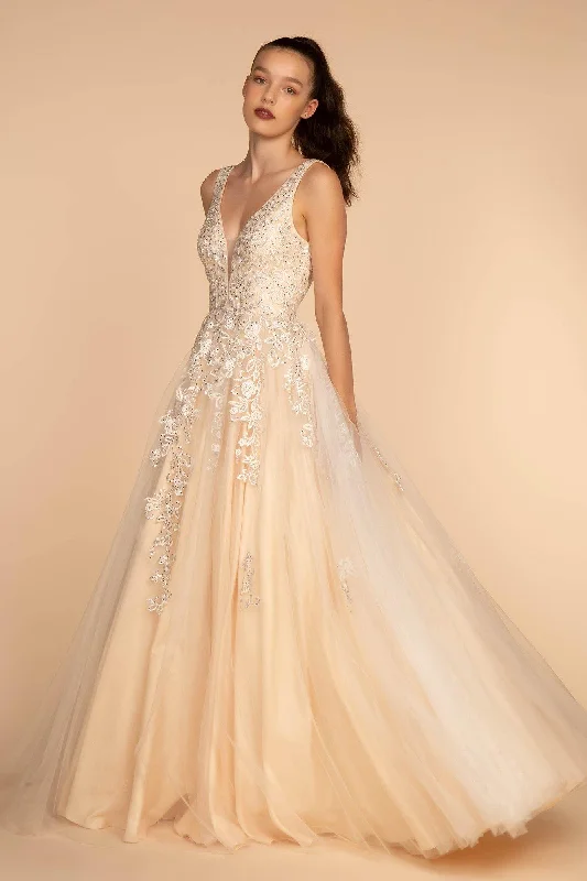 Structured Evening Gown Jewel Embellished Illusion Deep V-Neck Long Dress