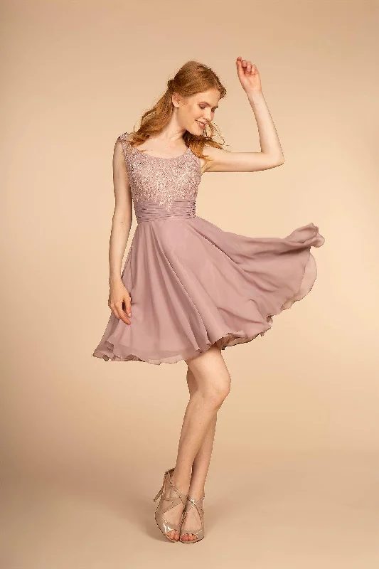 Lush Satin Gown Embroiered Bodice Chiffon Short Dress