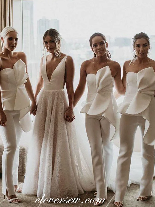 Modern Tulle Dress Fashion White Jumpsuit With Bowknot Bridesmaid Dresses, CB0181