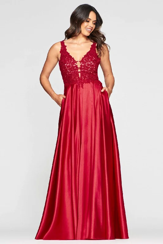 Midnight Blue Gown Faviana - 10407 Sleeveless Lace Bodice Flowy Satin Gown