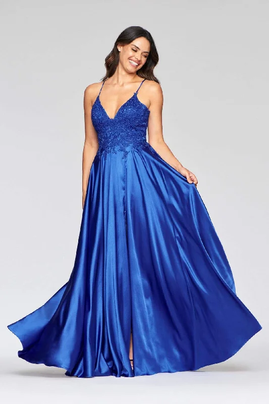 Eye-Catching Satin Gown Faviana - S10400 Beaded Lace V Neck Flowy Satin Gown