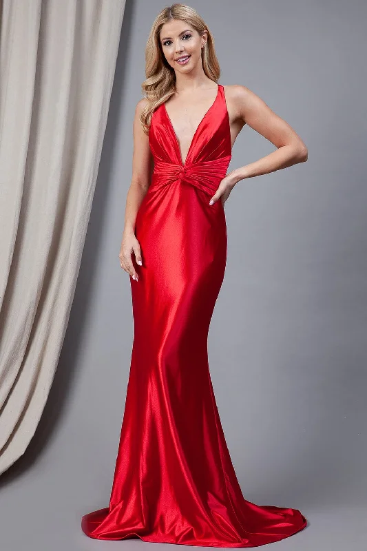 Chic Satin Dress Fitted Sleeveless V-Neck Gown by Amelia Couture 5039