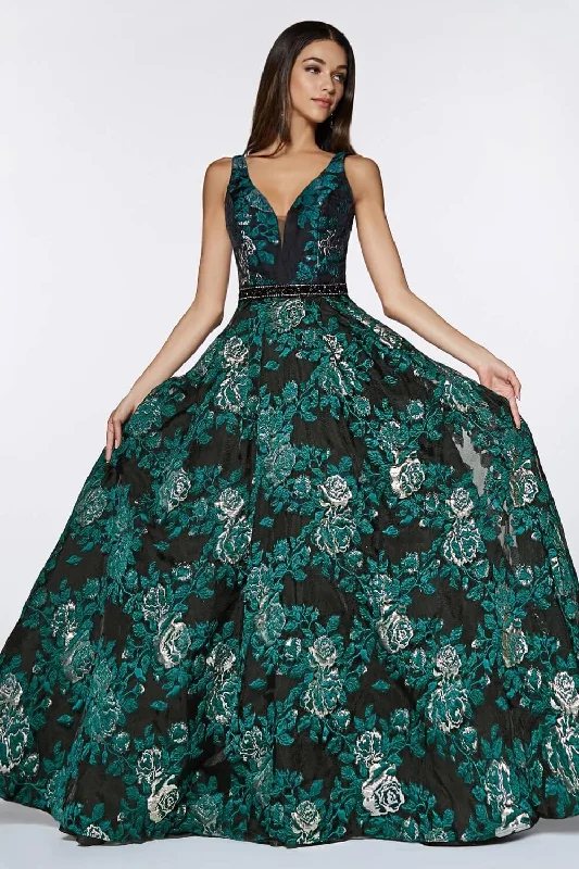 Floral Beaded Gown Cinderella Divine CR821 Floral Ball Gown Long Prom Dress
