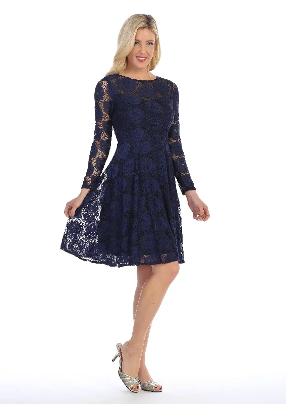 Dramatic Ball Gown Floral Lace Short Dress with Long Sleeves by Celavie 6327