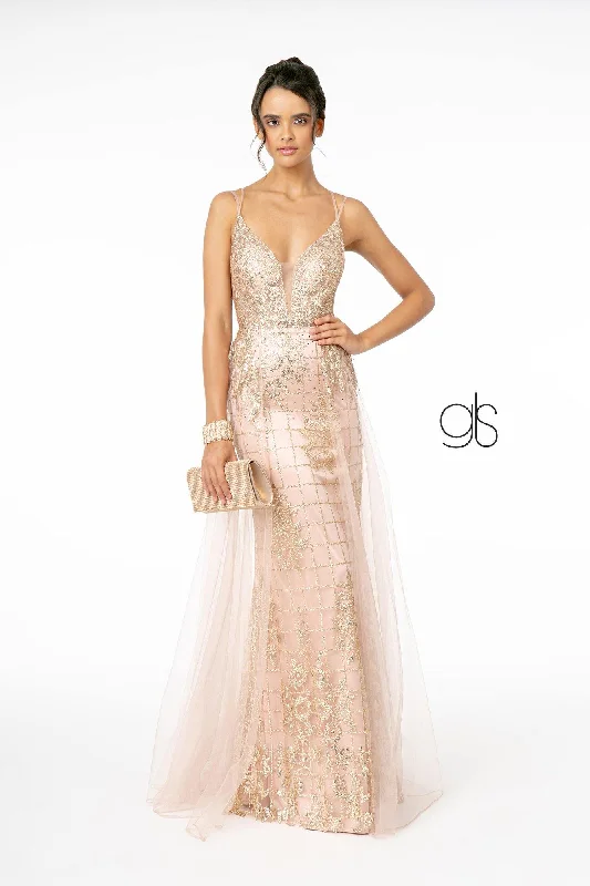 Royal Inspired Gown Glitter Mesh Illusion Deep V-Neck Long Prom Dress