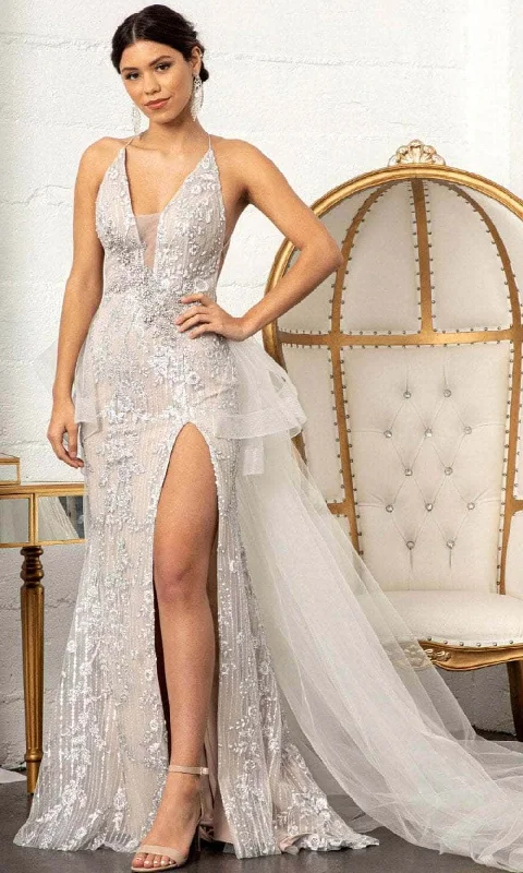 Halter Gown GLS by Gloria GL3003 - Plunging V-Neck Beaded Prom Dress