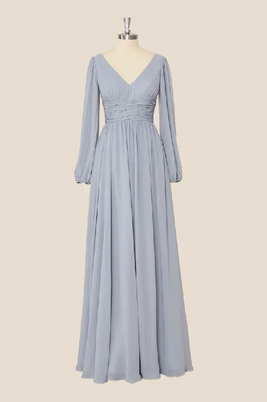 Statement Sleeve Dress Grey Long Sleeves Chiffon A-Line Long Party Dress Bridesmaid Dress,DP1819 Statement Sleeve Dress Grey Long Sleeves Chiffon A-Line Long Party Dress Bridesmaid Dress,DP1819