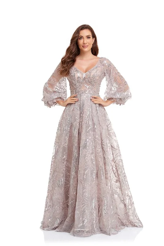 Open Back Dress High Couture NR2225 Prom Long Puff Sleeve Glitter Ball Gown