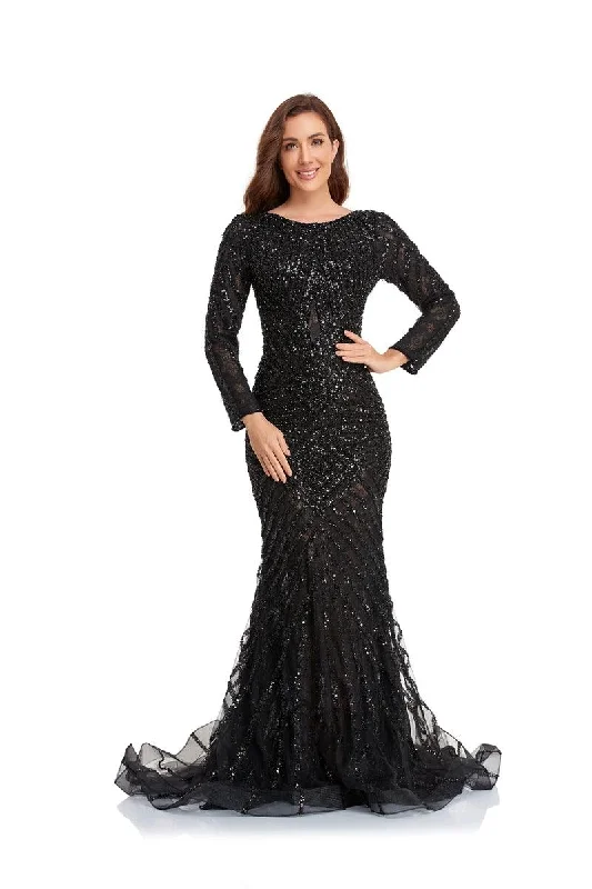 Pearl Embellished Gown High Couture NR2229 Long Sleeve Beaded Formal Dress