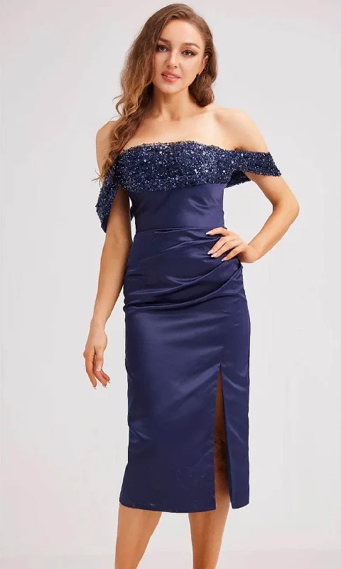 Classic Couture Dress J'Adore Dresses J23061 - Sequin Embellished Off-Shoulder Knee-Length Dress Classic Couture Dress J'Adore Dresses J23061 - Sequin Embellished Off-Shoulder Knee-Length Dress