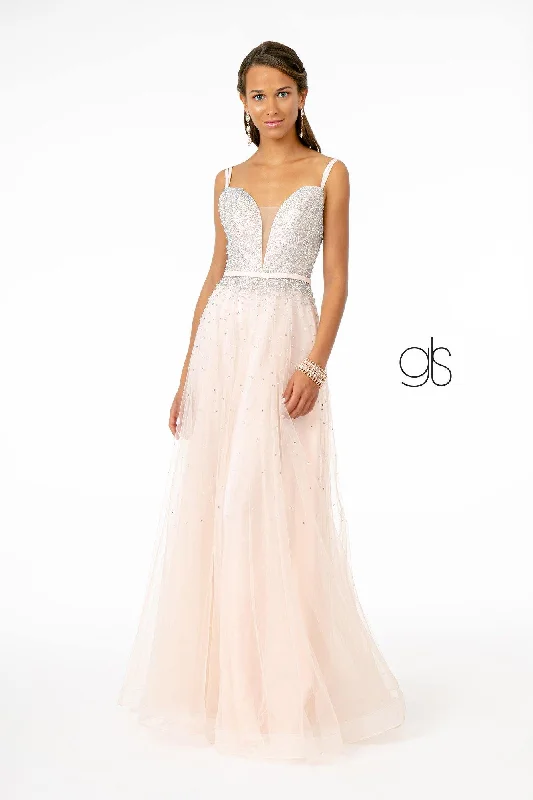 Crystal Beaded Dress Jewel Embellished Bodice MeshLong Prom Dress